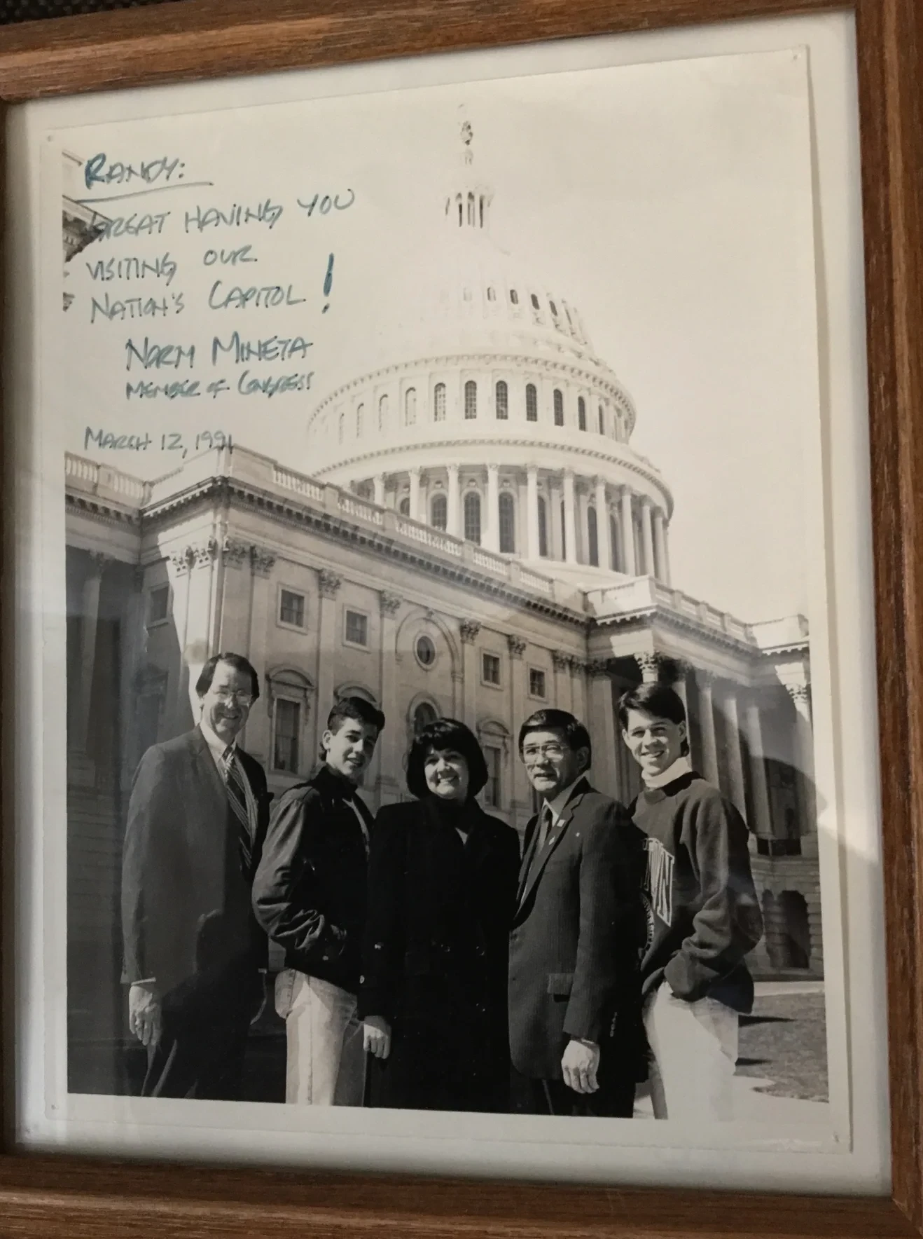 March 12, 1991 U.S. Capitol photograph with Norman Mineta, Member of Congress, and a handwritten inscription