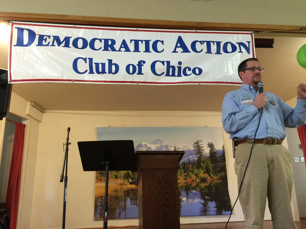 Randall Stone speaking at a Democratic Action Club of Chico event during a campaign